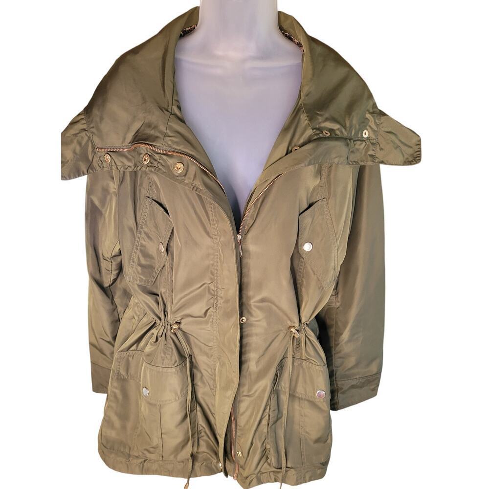 DB Women Jacket Olive Green Hood Zip/Snap Drawcord Lined Pockets Sz XL